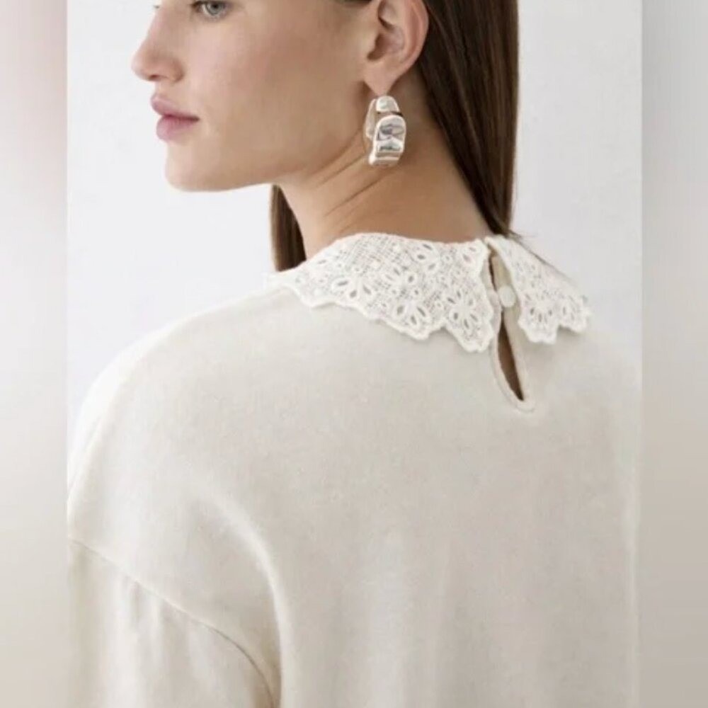 J. CREW Med Cottagecore Victorian French Terry Lace Trim White Crewneck Sweater - Picture 2 of 9